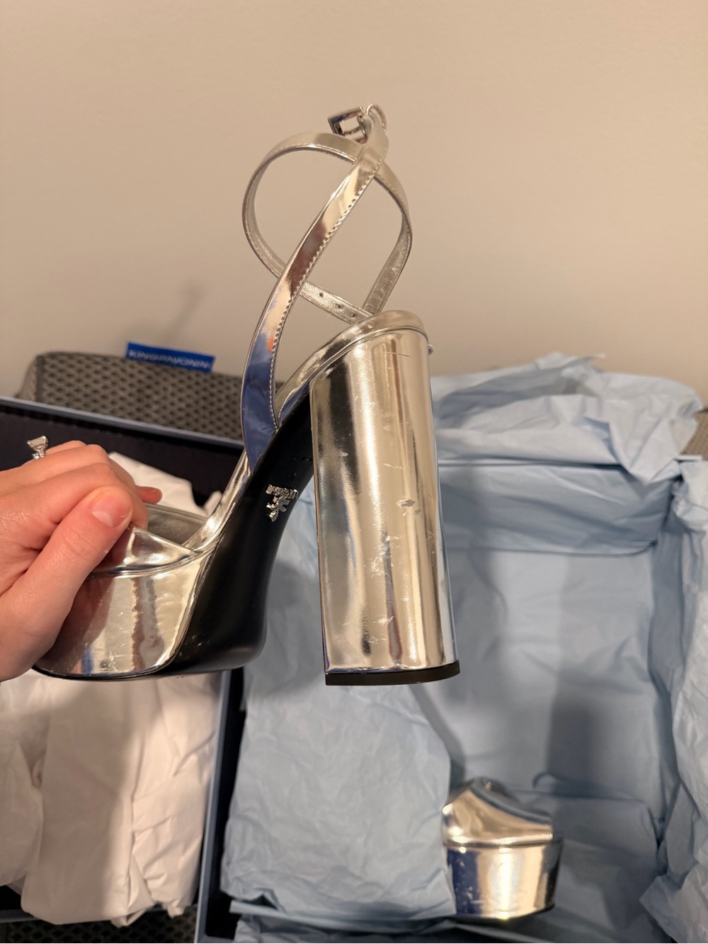 Prada Plateau Metallic Silver Peep-Toe Platform Pumps Size 6 - Picture 12 of 12